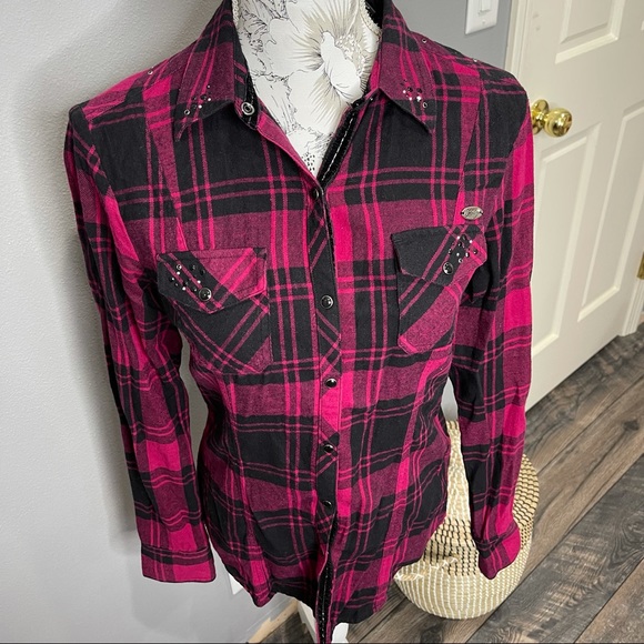 Harley Davidson Women’s Pink Black Plaid Flannel Shirt Pearl Snap Logo Sz Small - Picture 3 of 5
